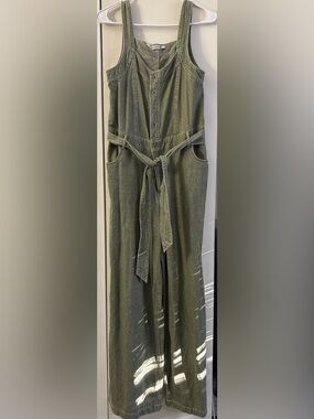 Given Kale Olive Green Button-Front Denim Jumpsuit with Belt Size Medium